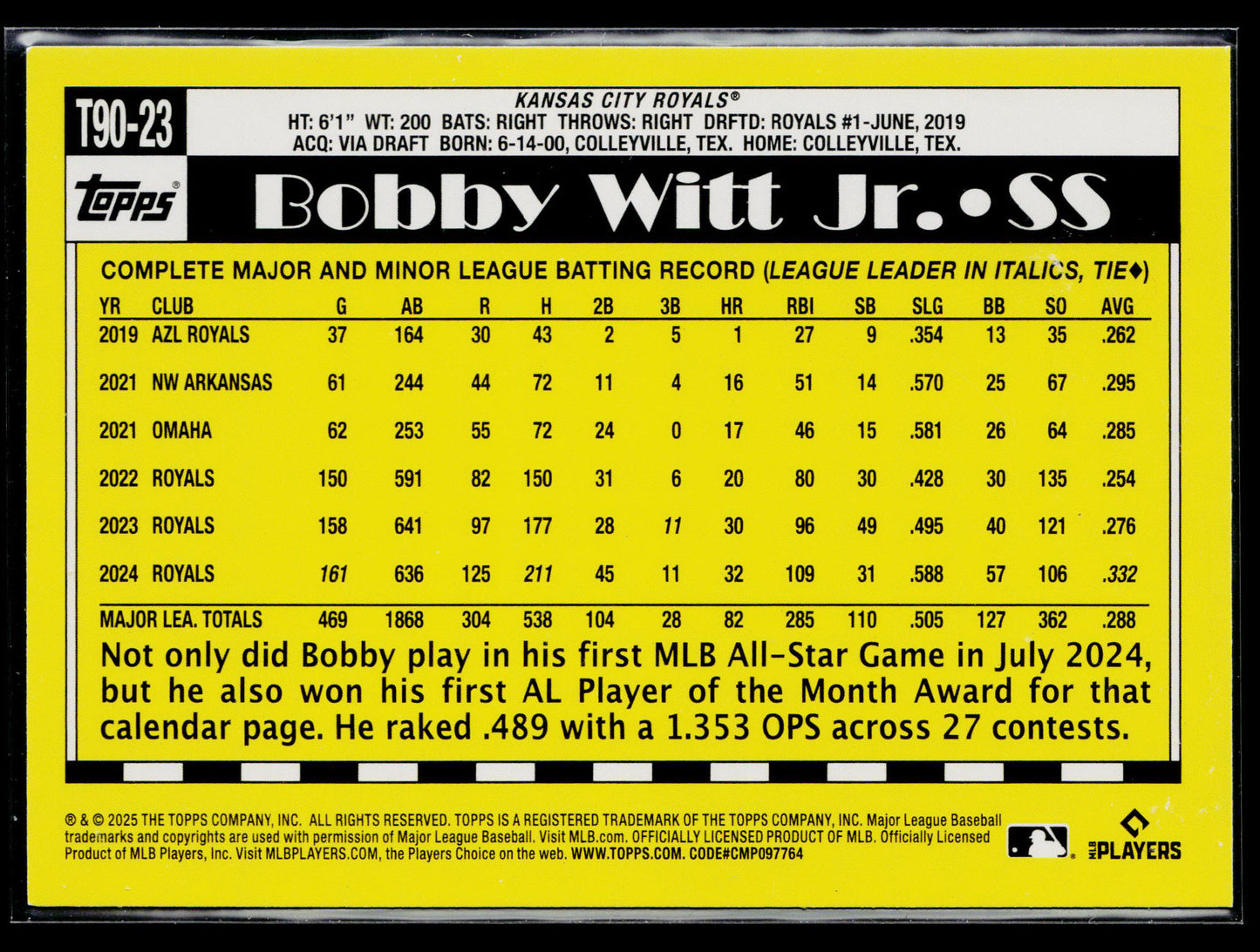 2025 Topps Bobby Witt Jr. 1990 35th Anniversary (Series One) #T90-23