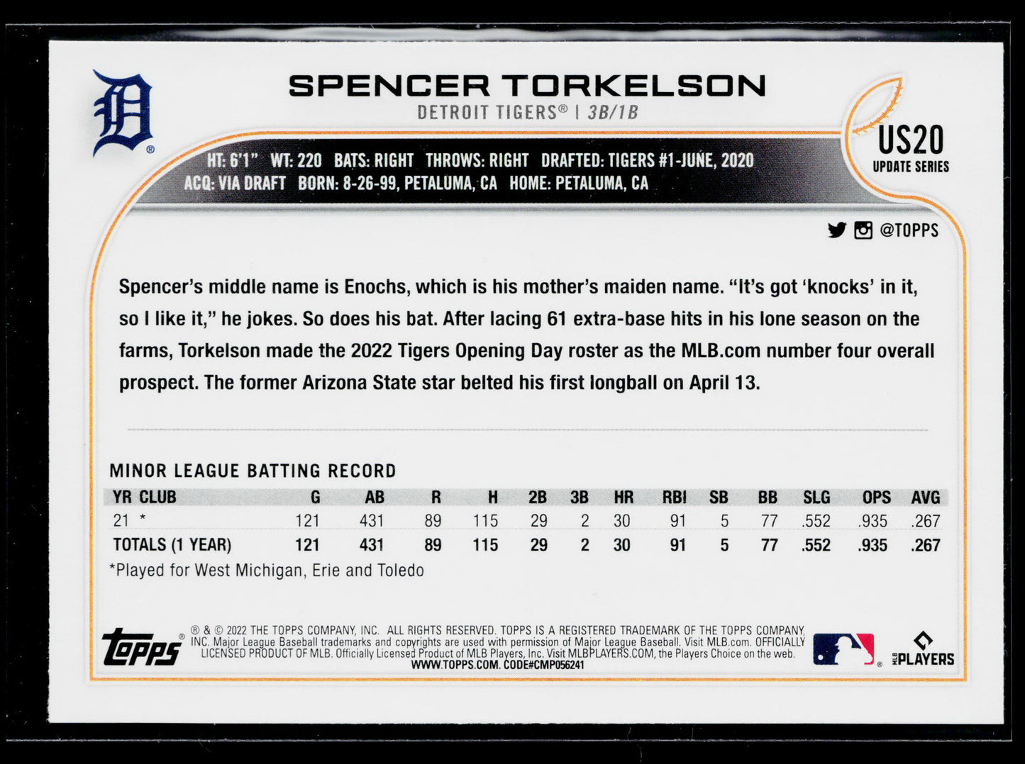 2022 Topps Update Spencer Torkelson Rookie #US20