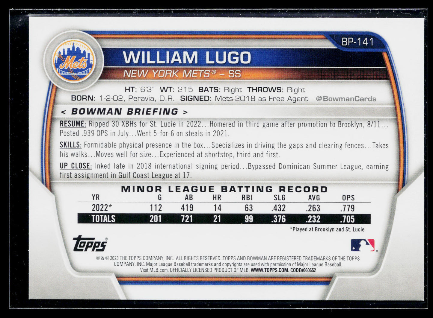 2023 Bowman William Lugo Prospects #BP-141