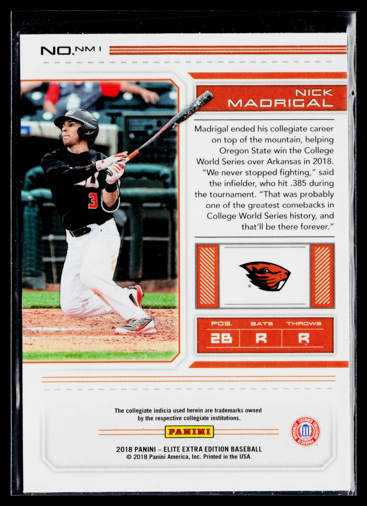 2018 Panini Elite Extra Edition Nick Madrigal College Tickets #NM1