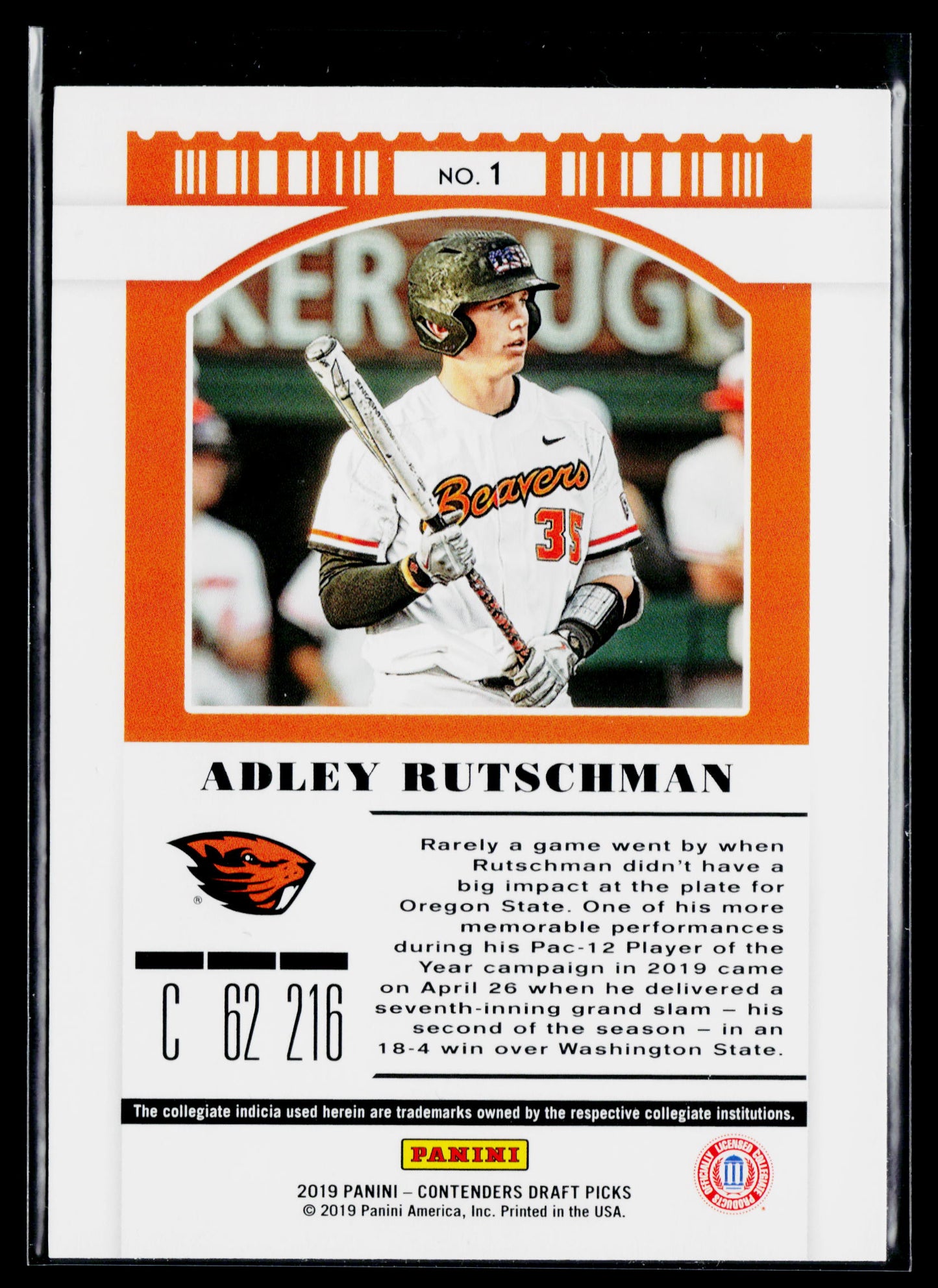2019 Panini Contenders Draft Picks Collegiate Adley Rutschman : With Bat #1b