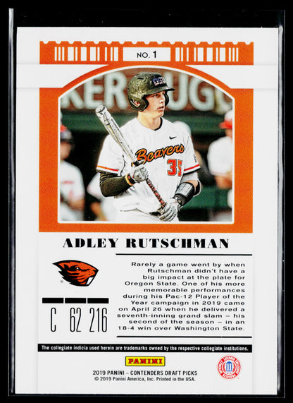 2019 Panini Contenders Draft Picks Collegiate Adley Rutschman : With Bat #1b