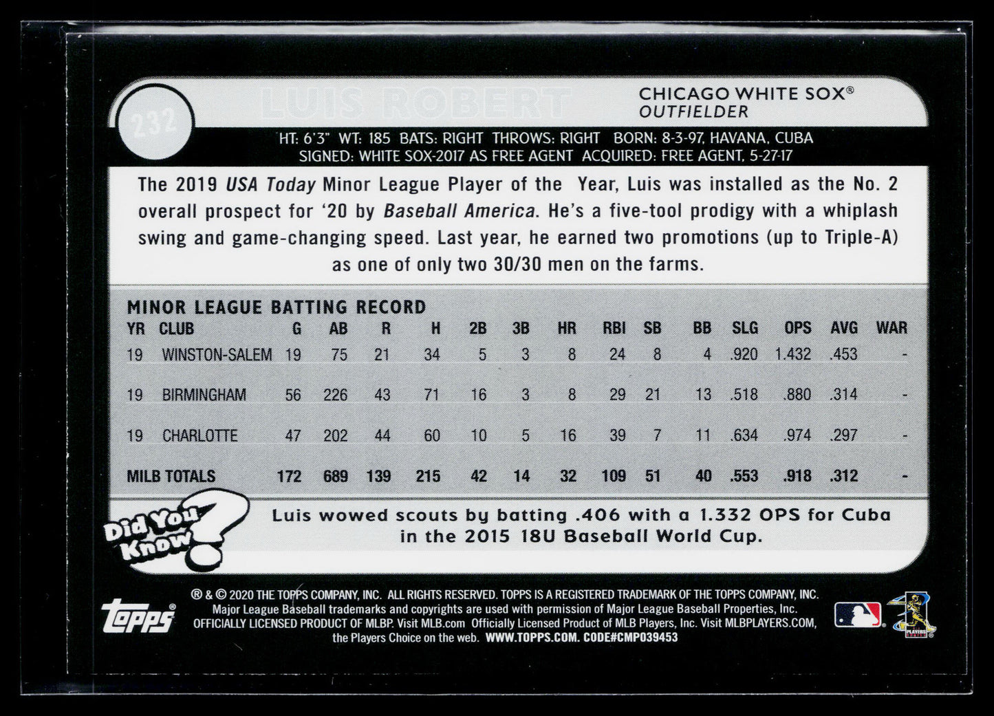 2020 Topps Big League Luis Robert Rookie #232