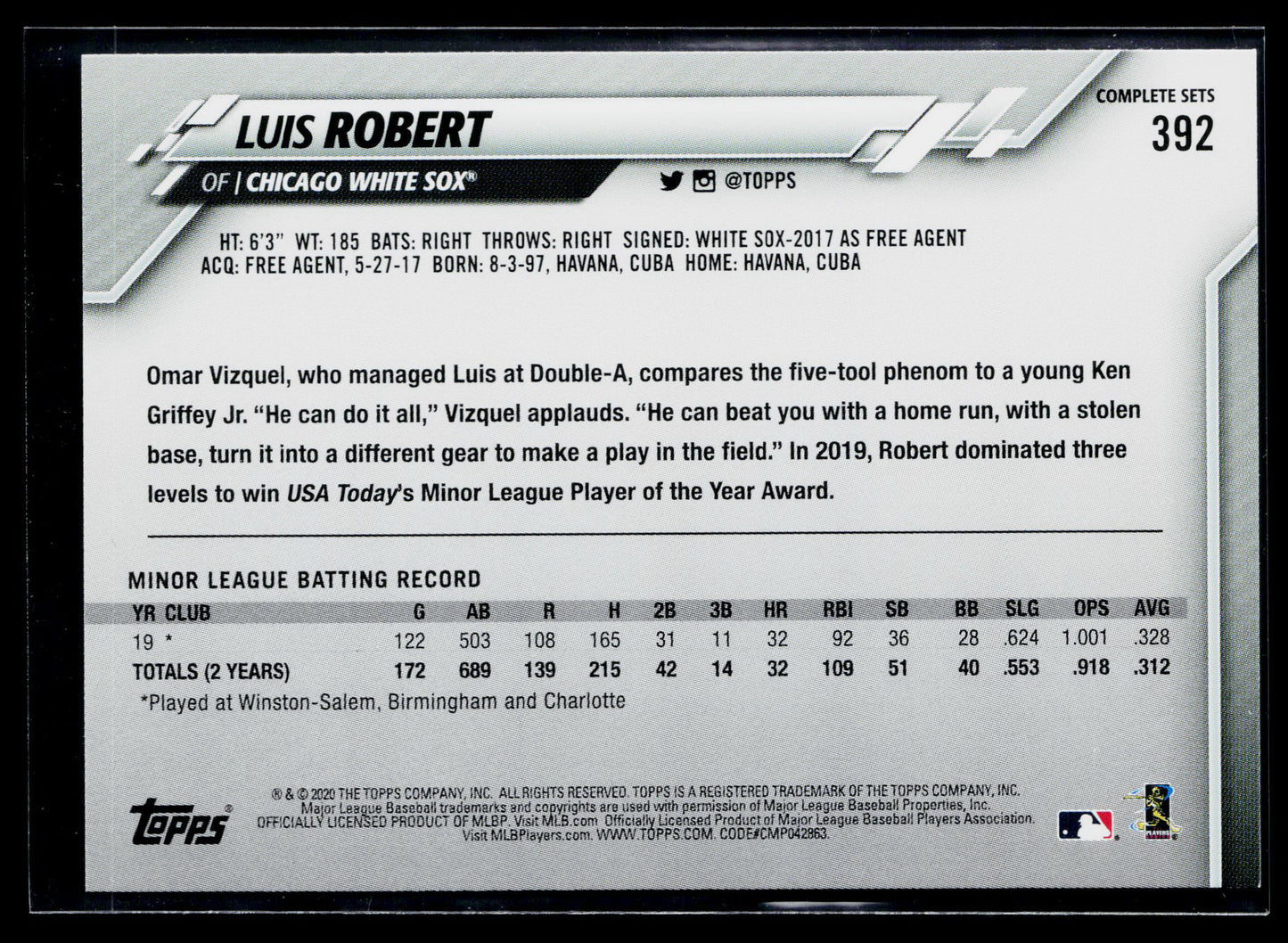 2020 Topps Luis Robert Rookie Factory Set Bonus: Rookie Image Variation #392