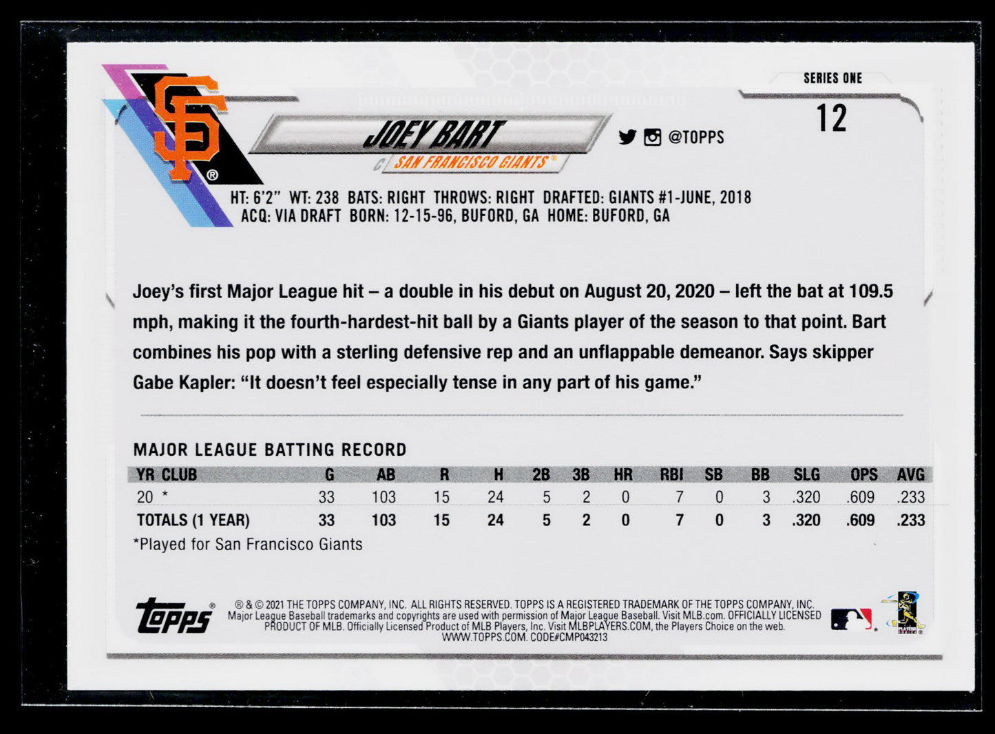 2021 Topps Joey Bart Rookie #12