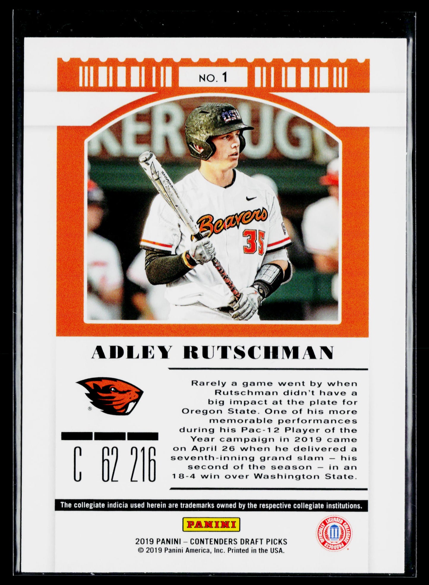 2019 Panini Contenders Draft Picks Collegiate Adley Rutschman : With Bat #1b