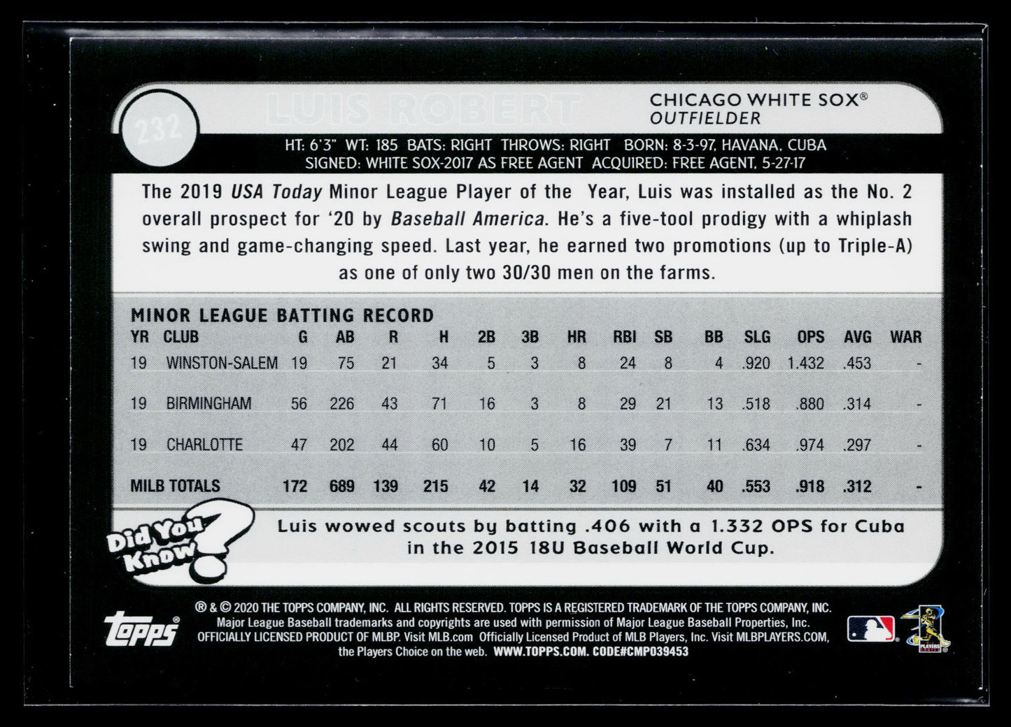 2020 Topps Big League Luis Robert Rookie #232