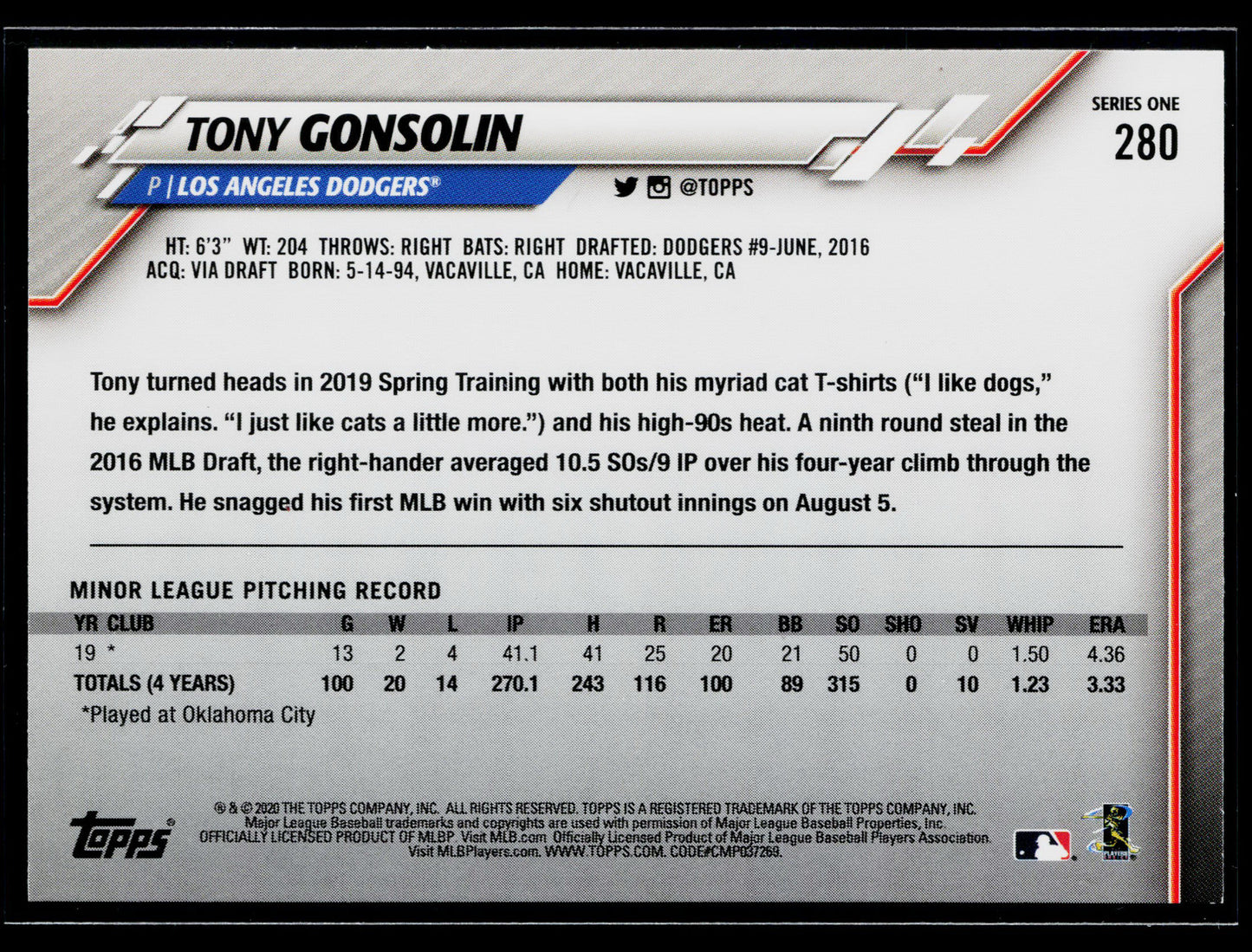 2020 Topps Tony Gonsolin Rookie #280