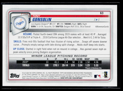 2020 Bowman Tony Gonsolin Rookie #63