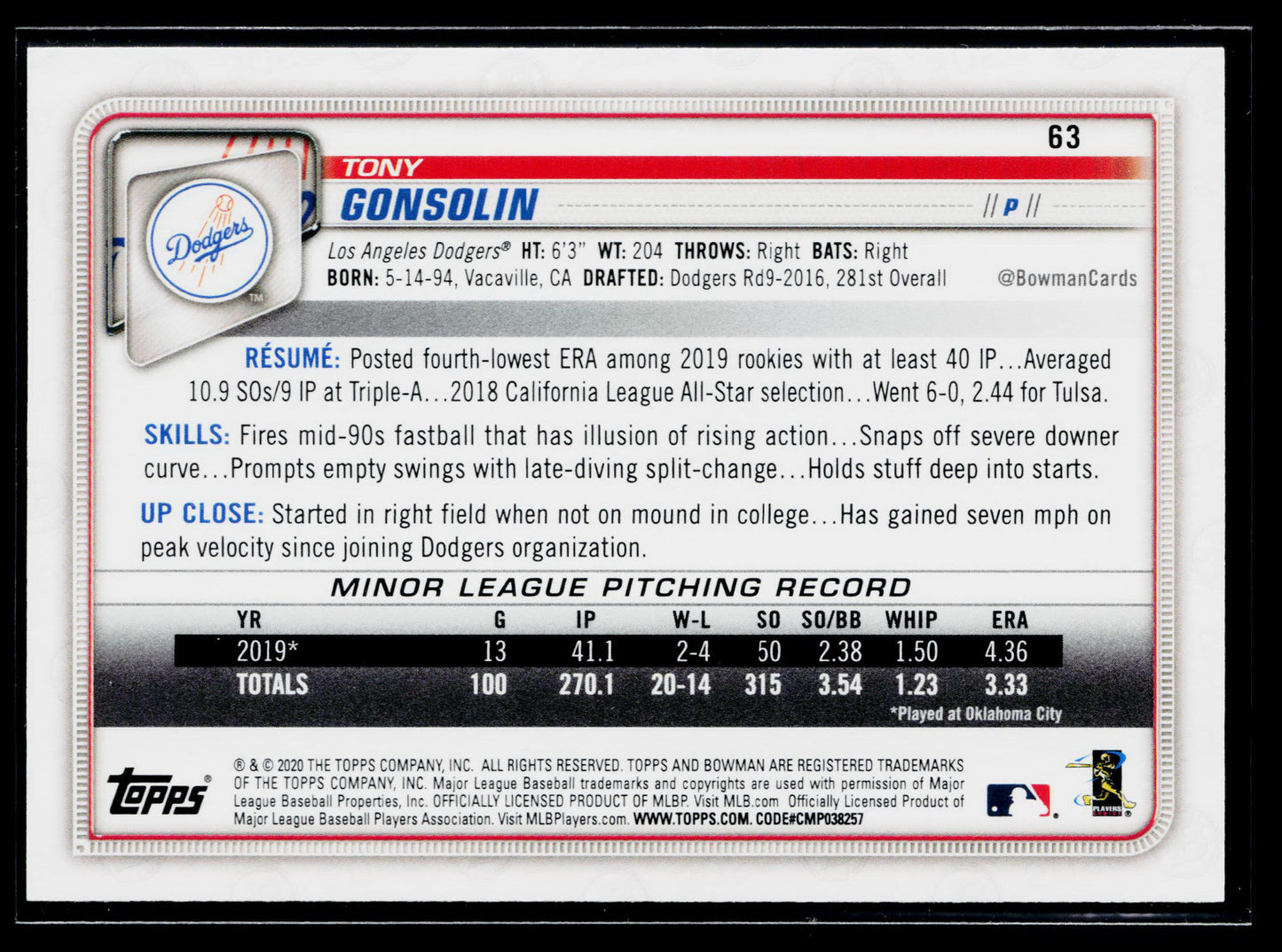 2020 Bowman Tony Gonsolin Rookie #63