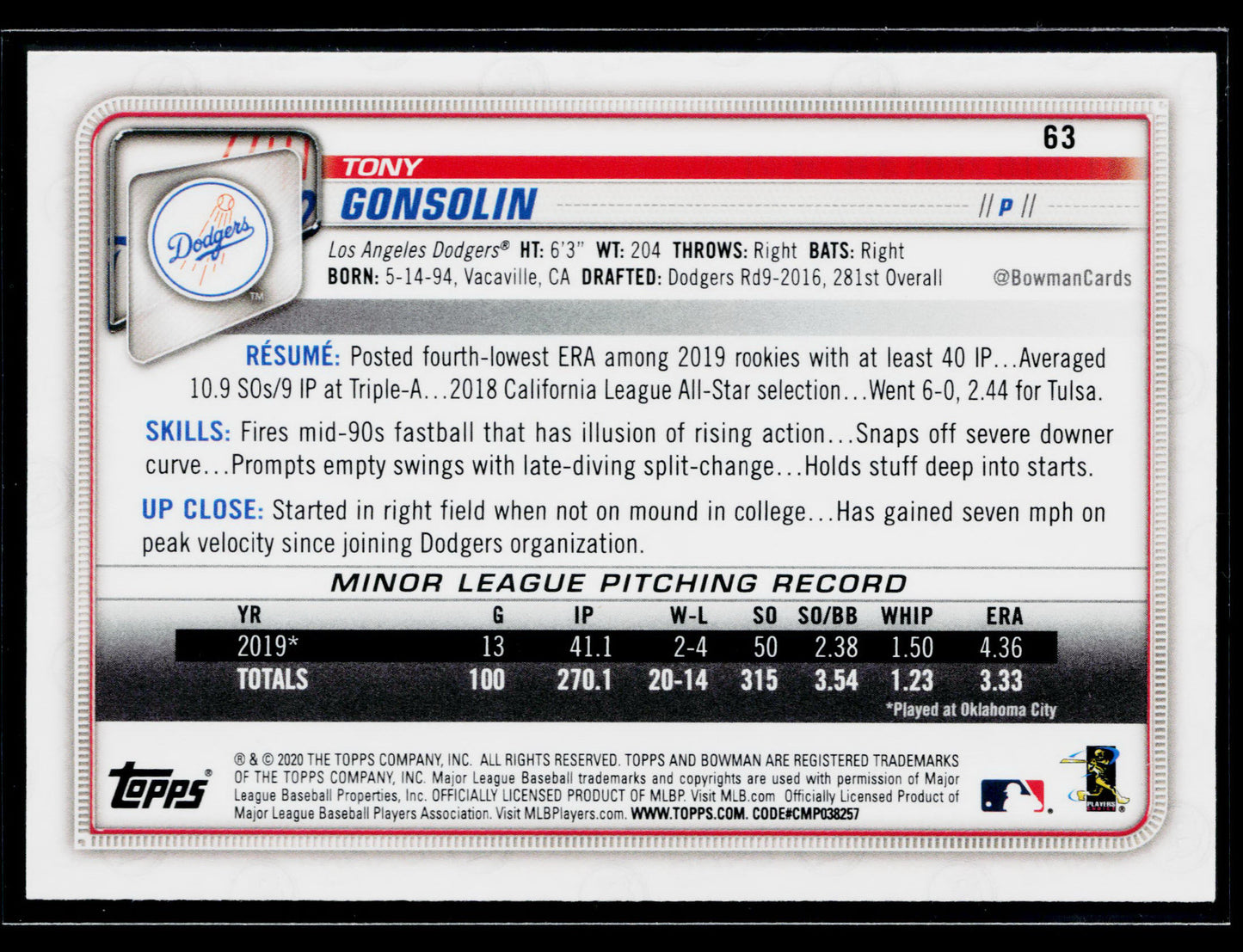 2020 Bowman Tony Gonsolin Rookie #63