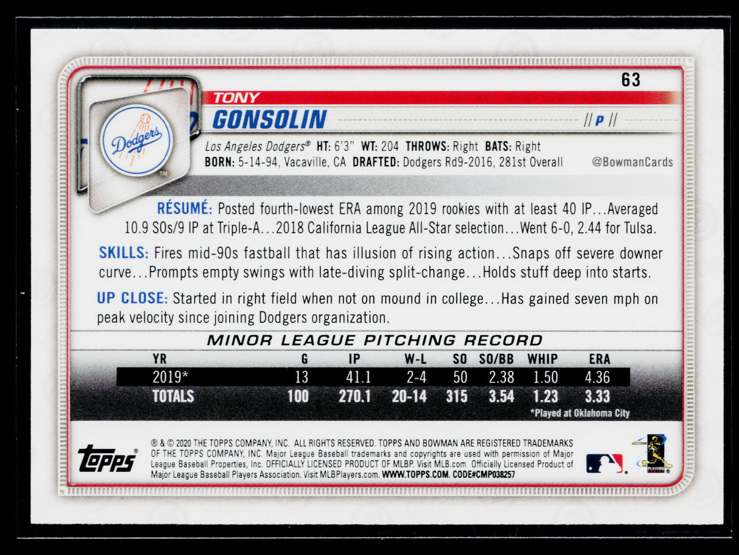2020 Bowman Tony Gonsolin Rookie #63