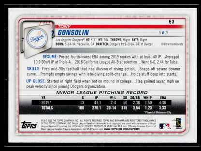 2020 Bowman Tony Gonsolin Rookie #63