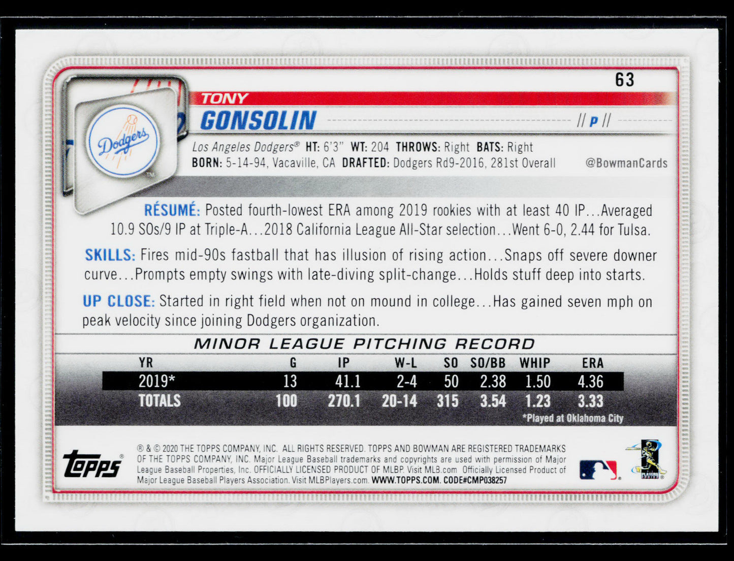2020 Bowman Tony Gonsolin Rookie #63
