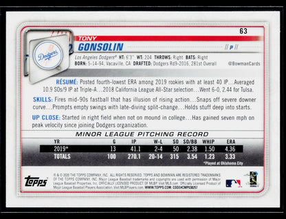 2020 Bowman Tony Gonsolin Rookie #63