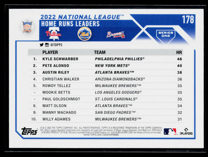 2023 Topps NL HRs Leaders Kyle Schwarber Pete Alonso Austin Riley Gold #178