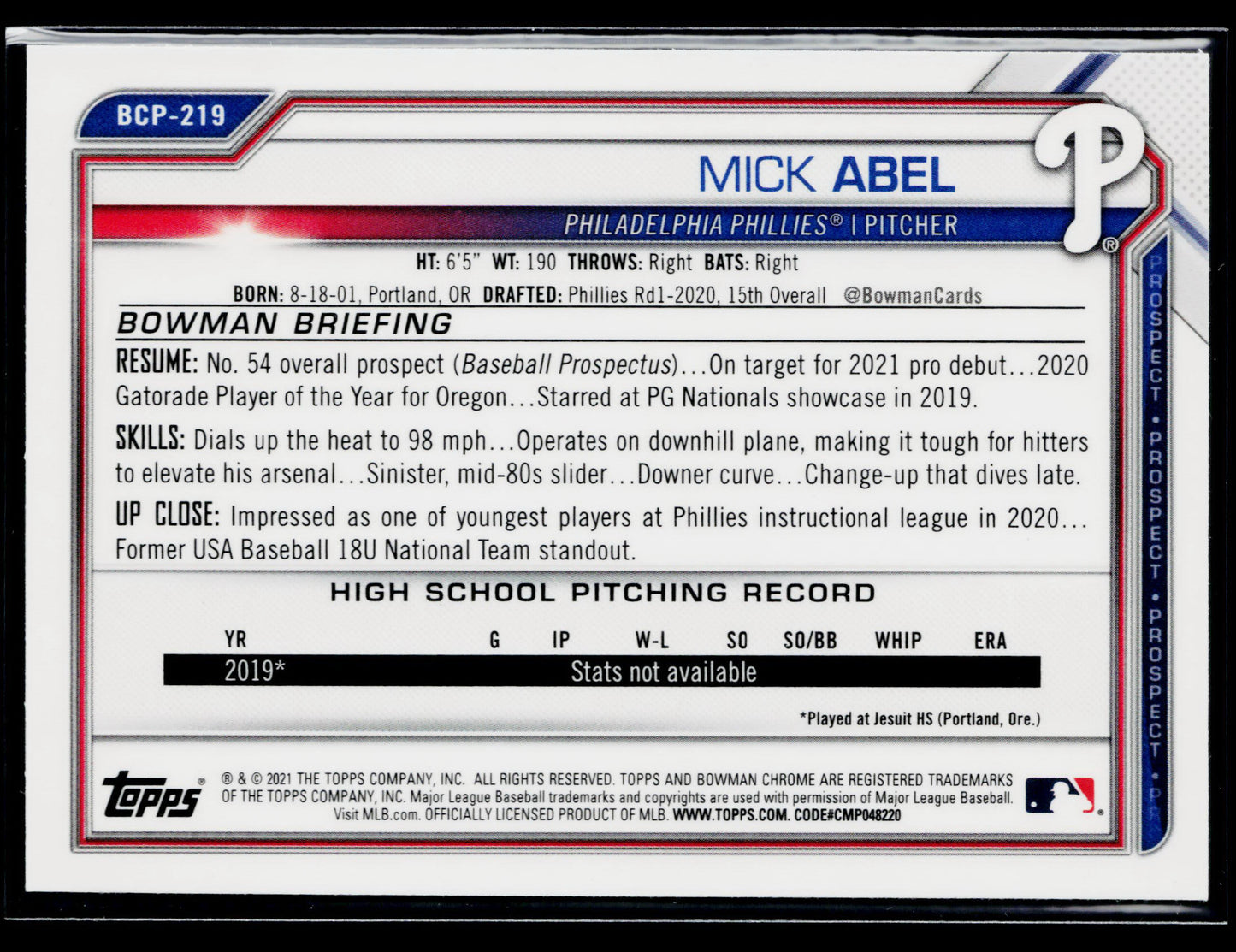 2021 Bowman Chrome Mick Abel Prospects Mojo Refractor #BCP-219