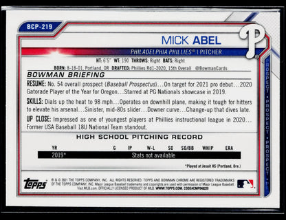 2021 Bowman Chrome Mick Abel Prospects Mojo Refractor #BCP-219