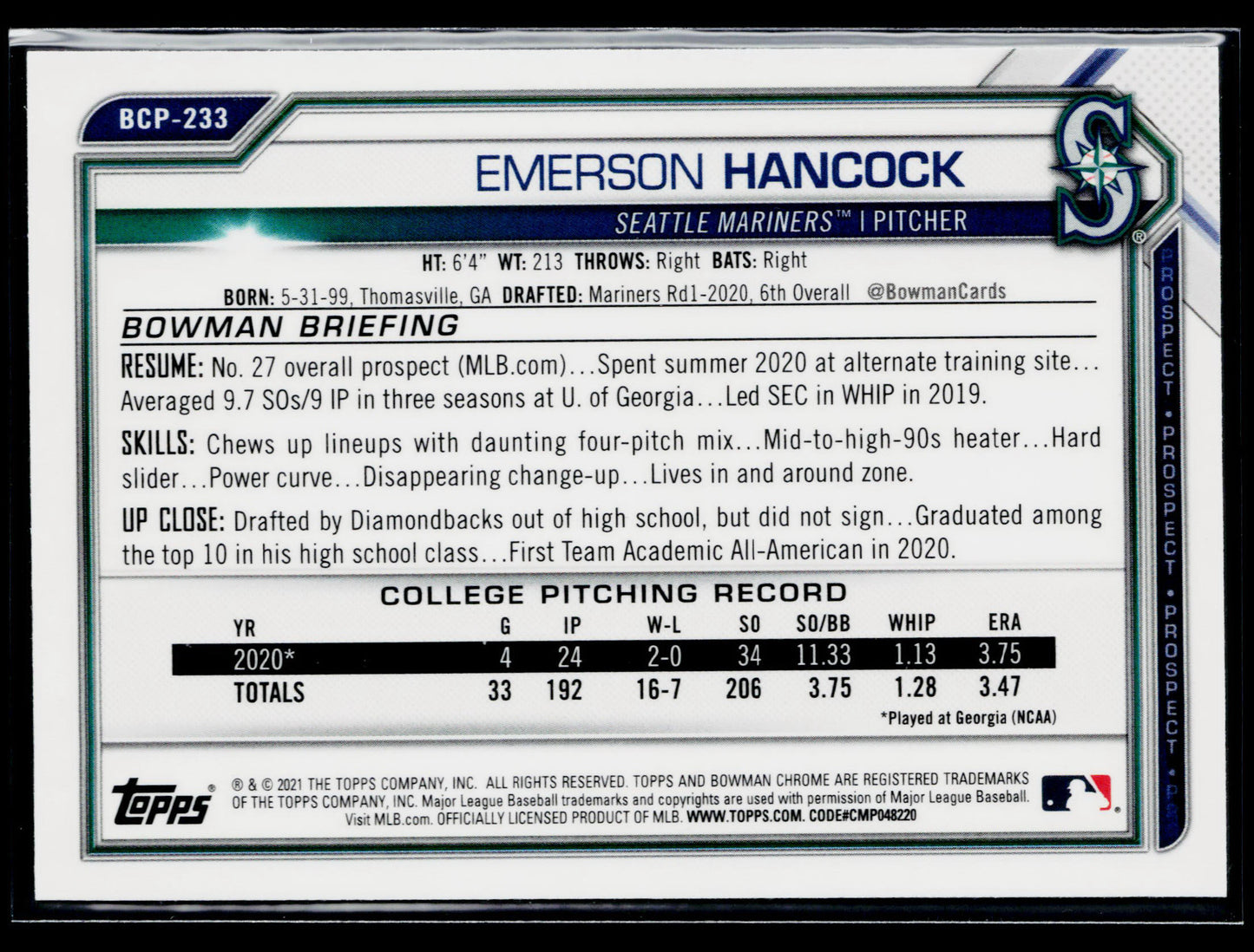 2021 Bowman Chrome Emerson Hancock Prospects Mojo Refractor #BCP-233