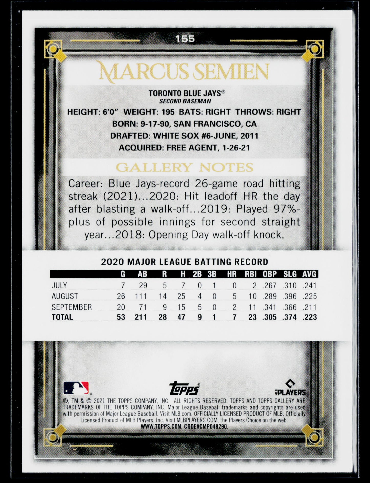 2021 Topps Gallery Marcus Semien #155