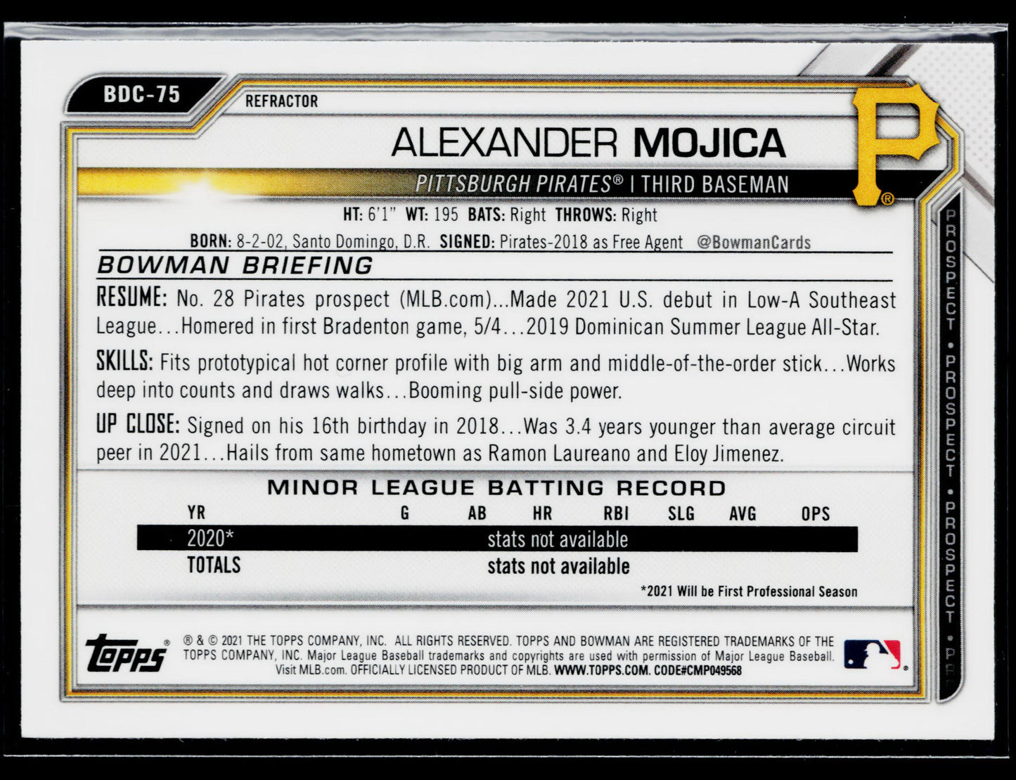 2021 Bowman Draft Alexander Mojica Chrome Refractor #BDC-75