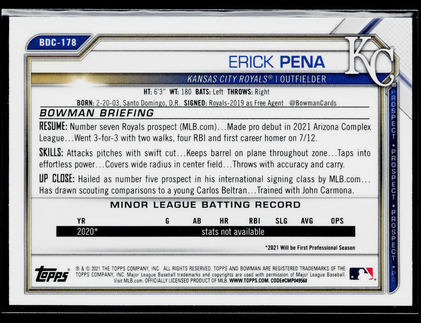 2021 Bowman Draft Erick Pena Chrome Sky Blue #BDC-178