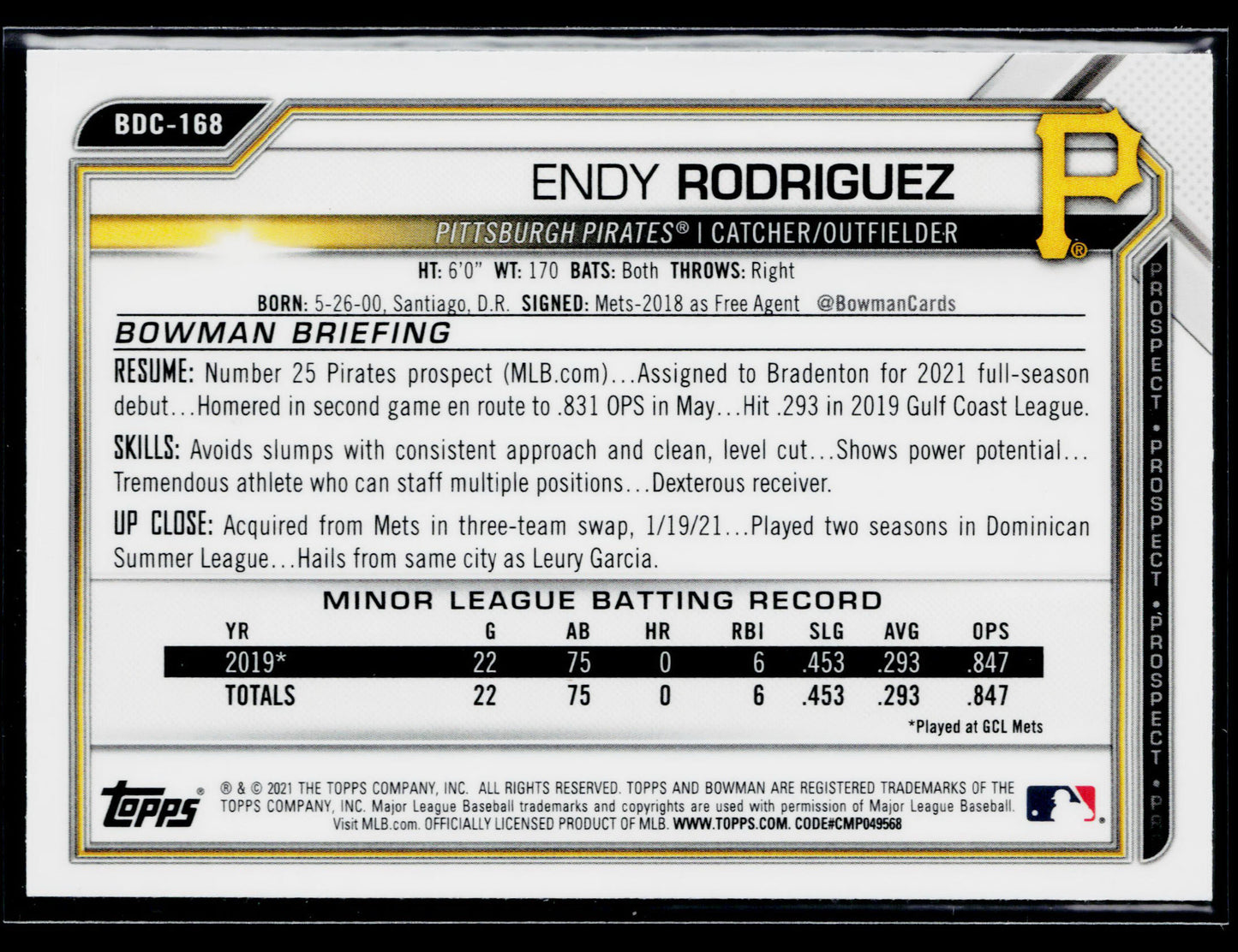 2021 Bowman Draft Endy Rodriguez Chrome Black & White RayWave Refractor #BDC-168