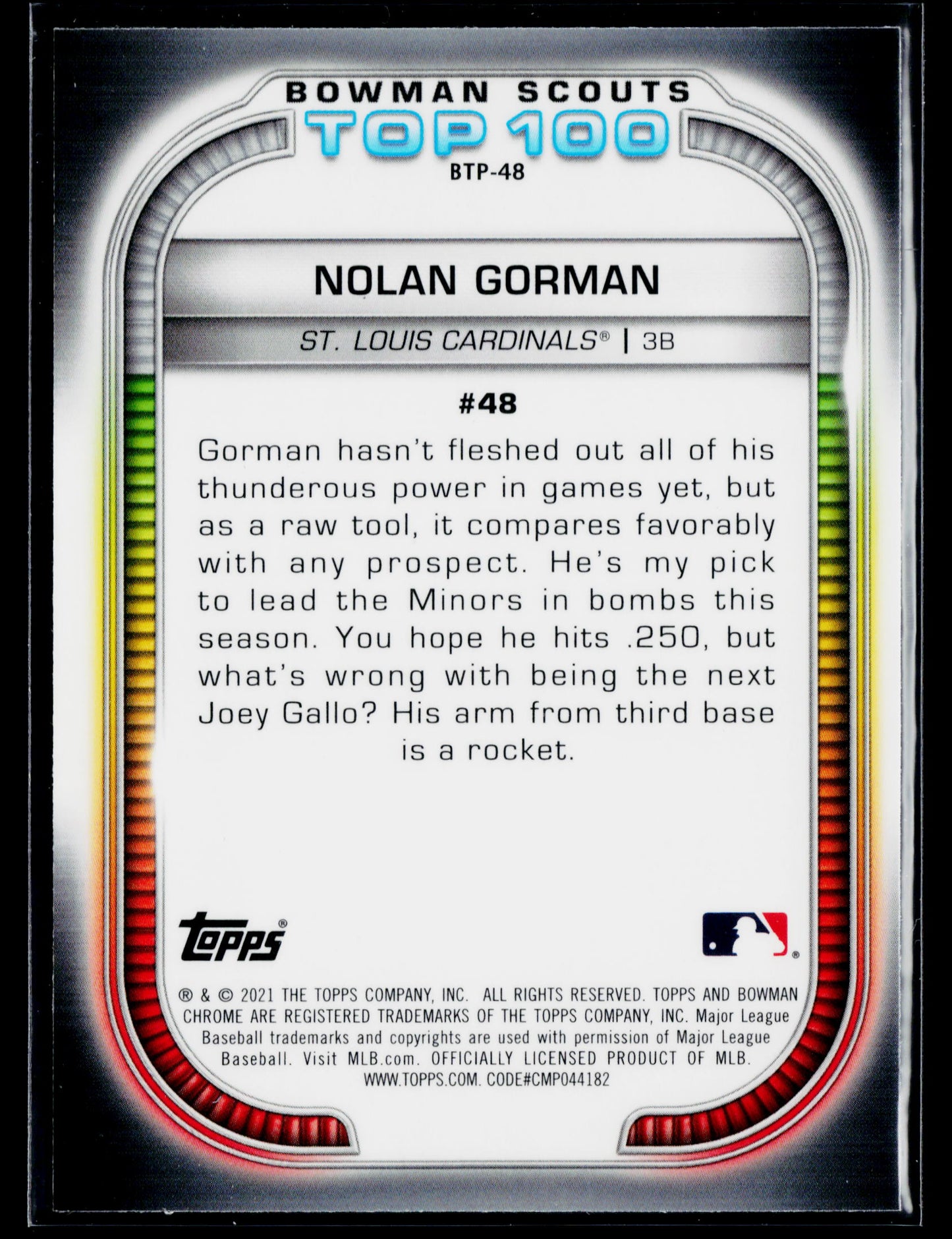 2021 Bowman Nolan Gorman Chrome Bowman Scouts Top 100 #BTP-48