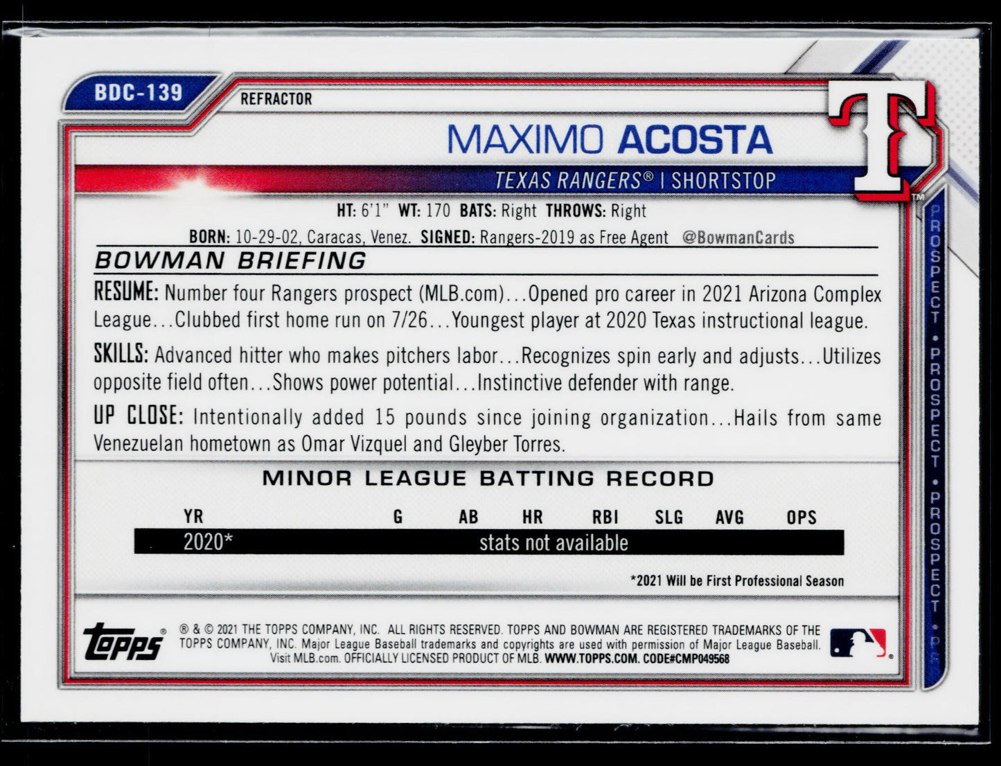 2021 Bowman Draft Maximo Acosta Chrome #BDC-139