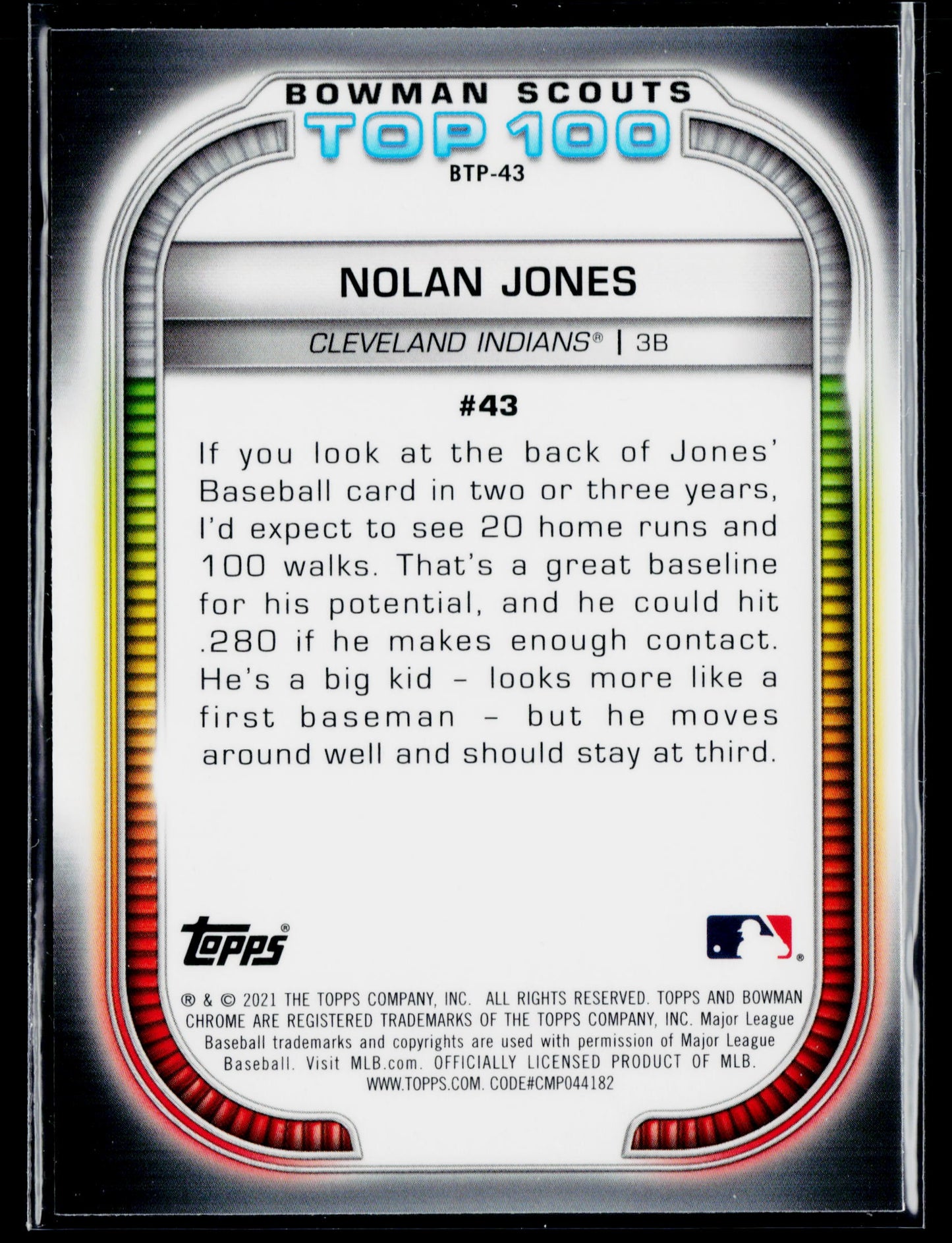 2021 Bowman Nolan Jones Chrome Bowman Scouts Top 100 #BTP-43