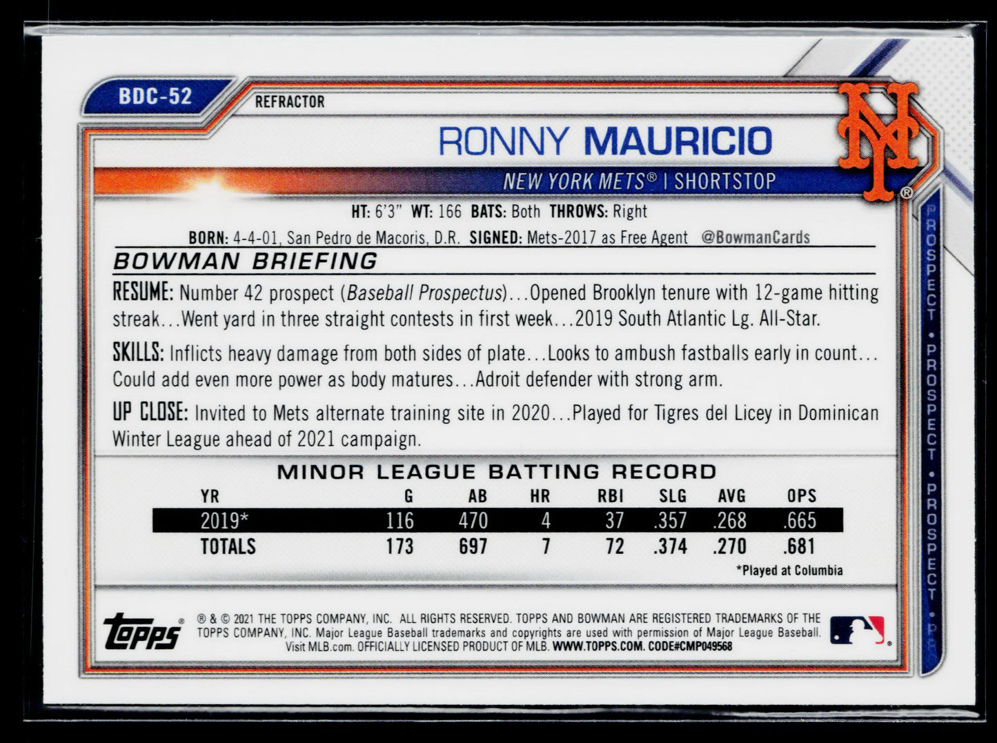 2021 Bowman Draft Ronny Mauricio Chrome Refractor #BDC-52