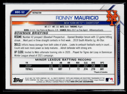2021 Bowman Draft Ronny Mauricio Chrome Refractor #BDC-52