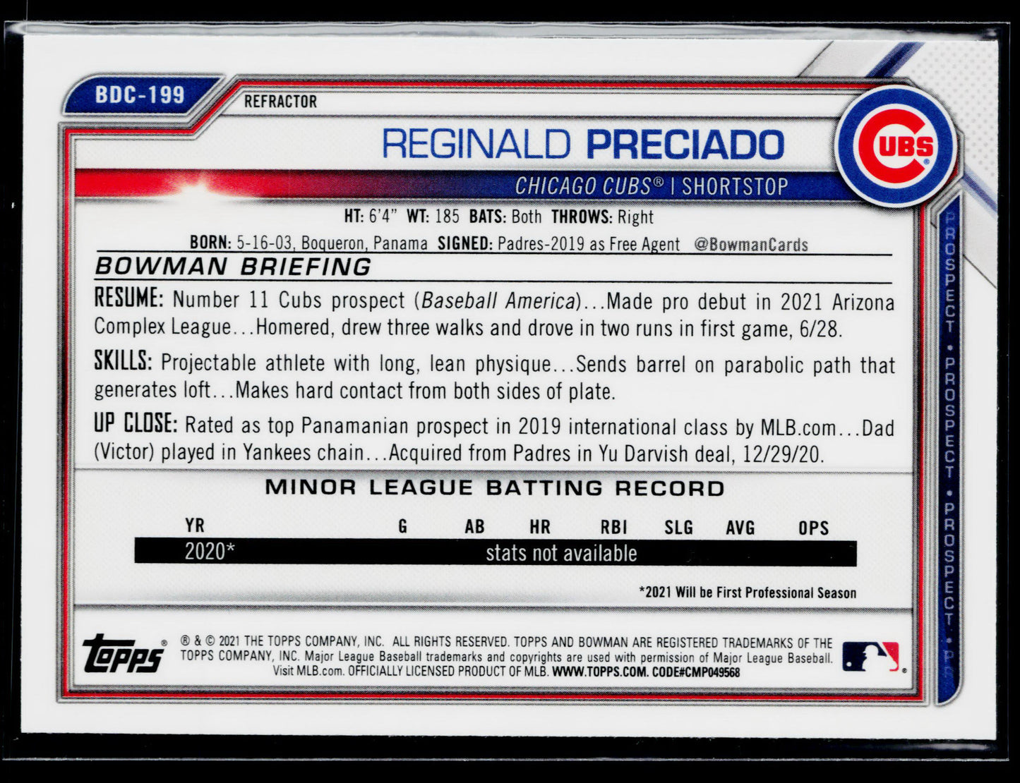 2021 Bowman Draft Reginald Preciado Chrome Refractor #BDC-199