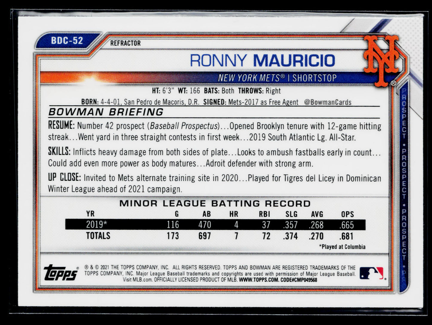 2021 Bowman Draft Ronny Mauricio Chrome Refractor #BDC-52