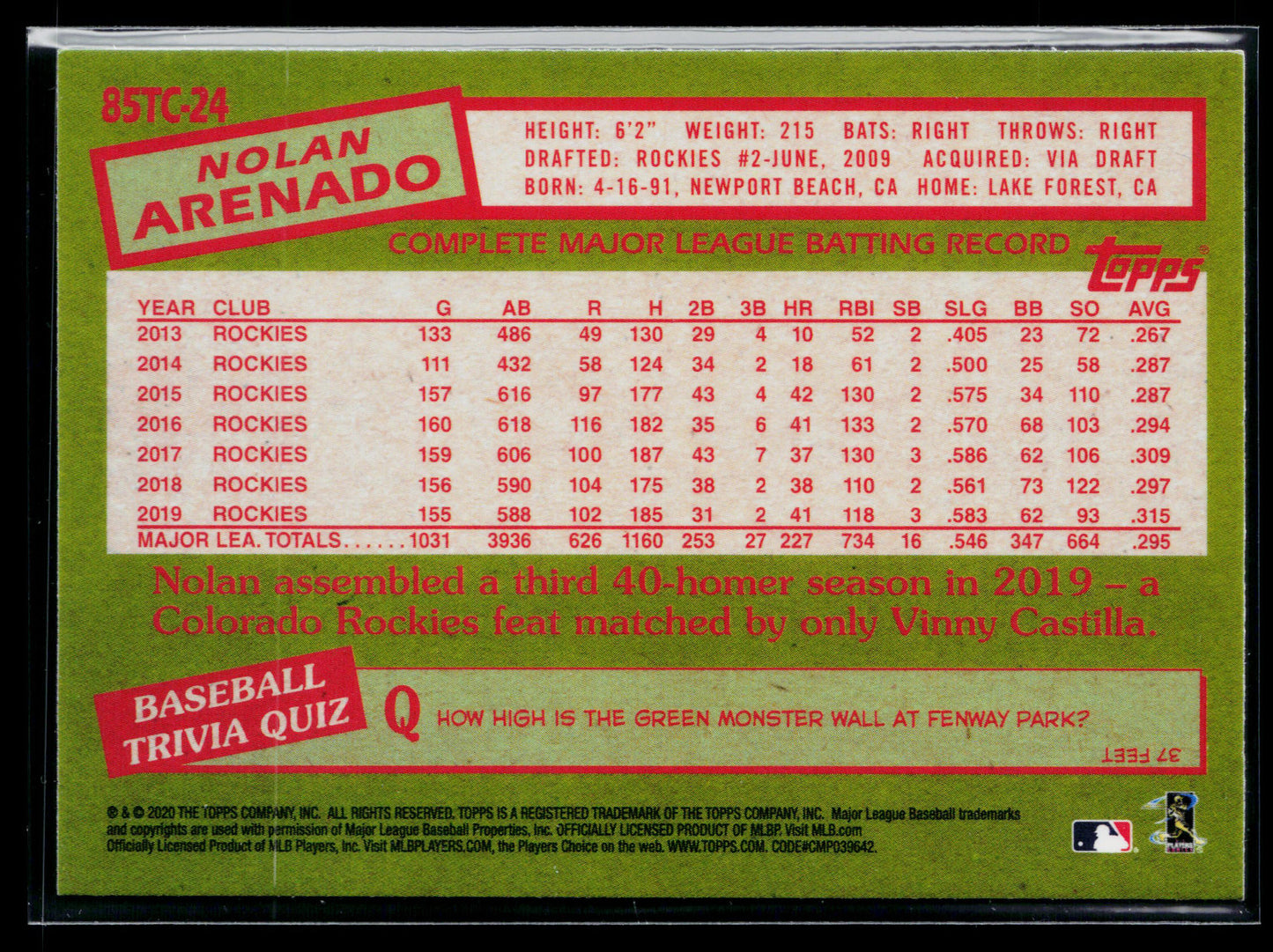 2020 Topps Chrome Nolan Arenado 1985 Topps Baseball #85TC-24