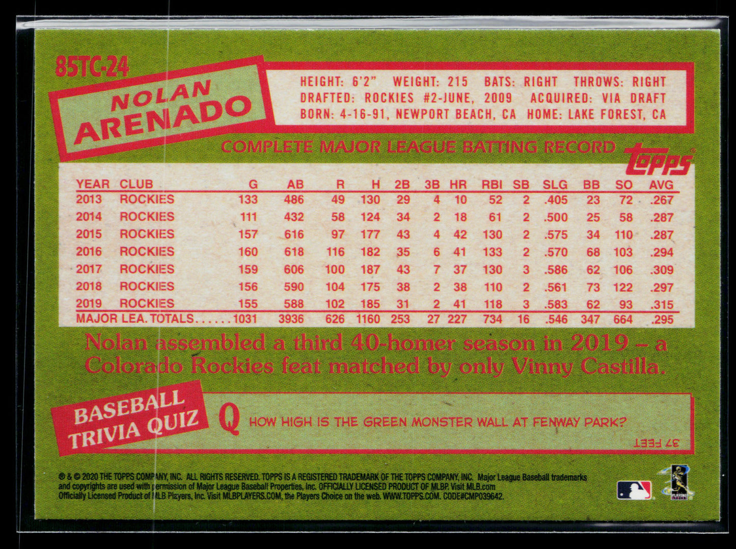 2020 Topps Chrome Nolan Arenado 1985 Topps Baseball #85TC-24