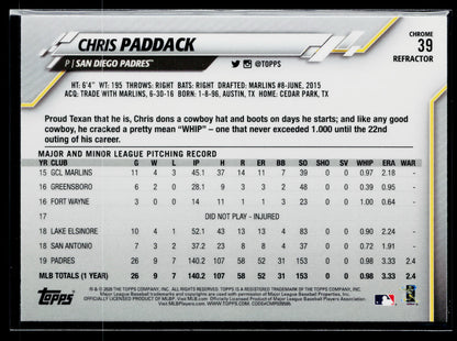 2020 Topps Chrome Chris Paddack Pink Refractor #39