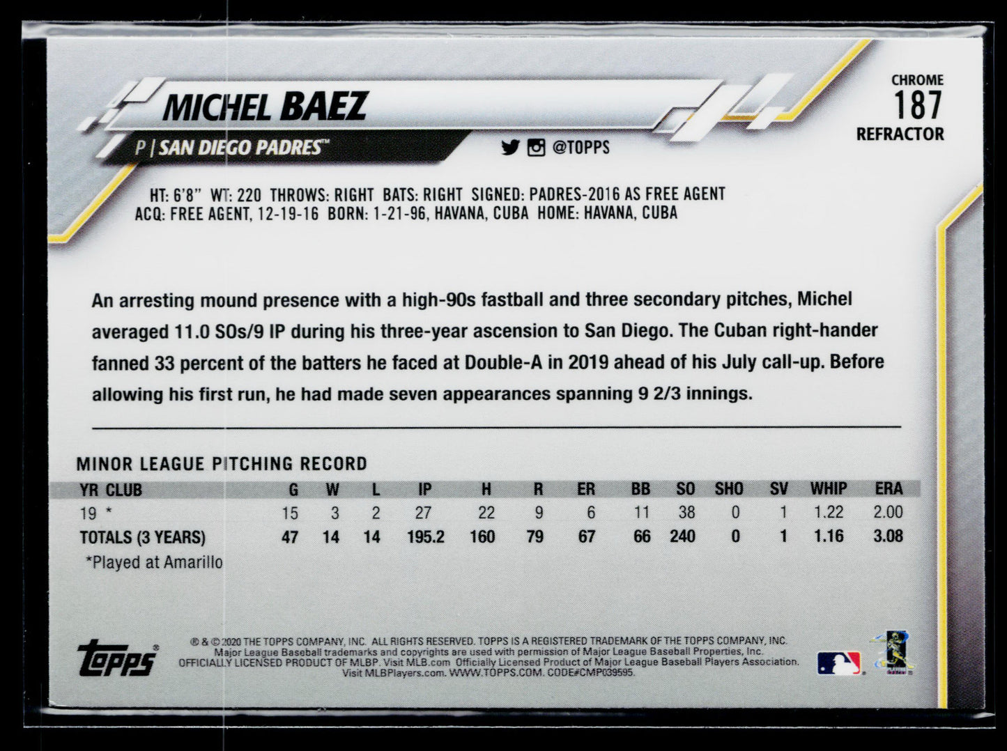 2020 Topps Chrome Michel Baez Rookie Refractor #187
