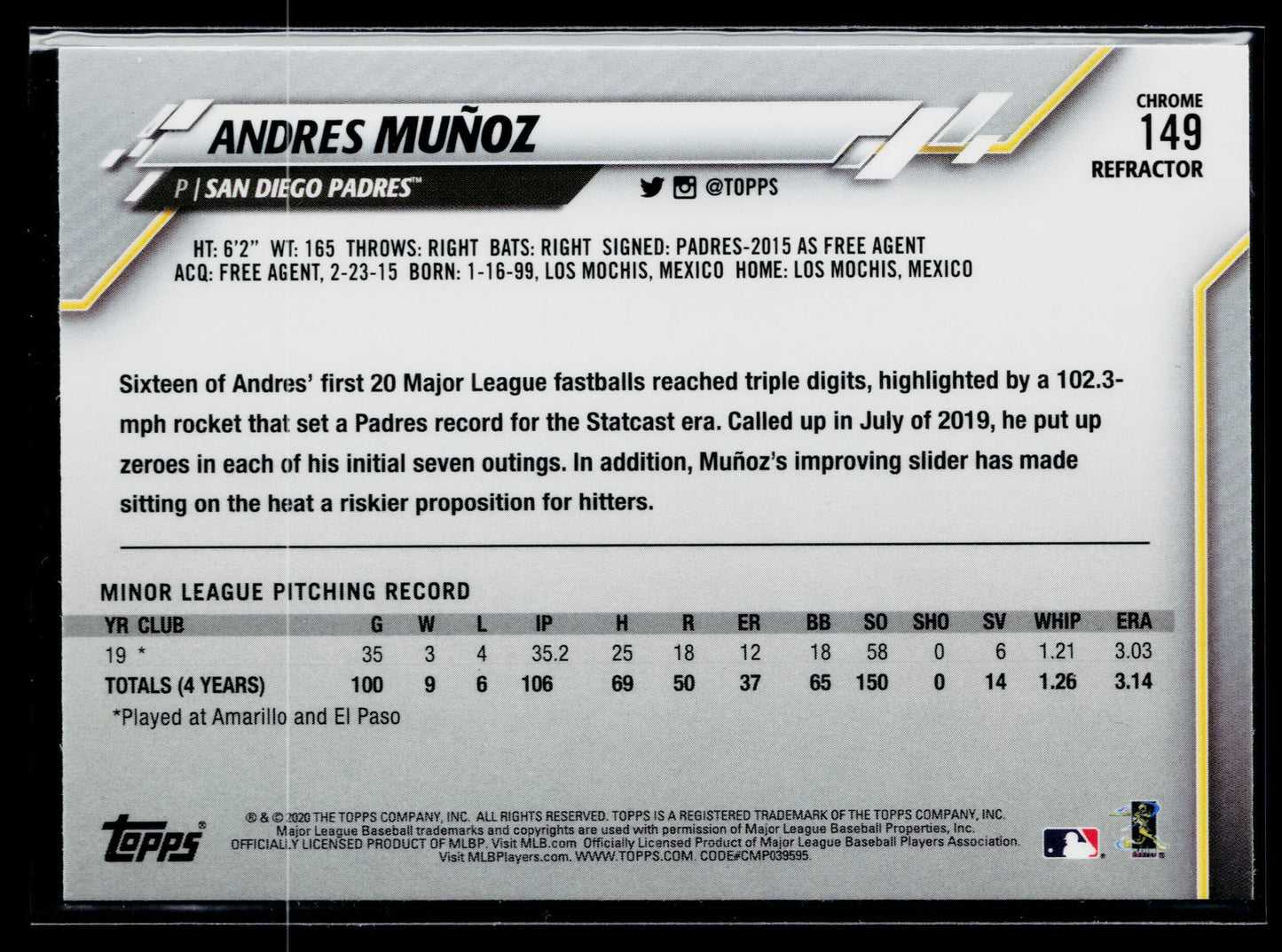 2020 Topps Chrome Andres Muñoz Rookie Refractor #149