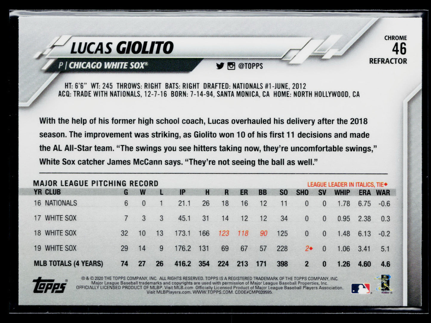 2020 Topps Chrome Lucas Giolito Pink Refractor #46