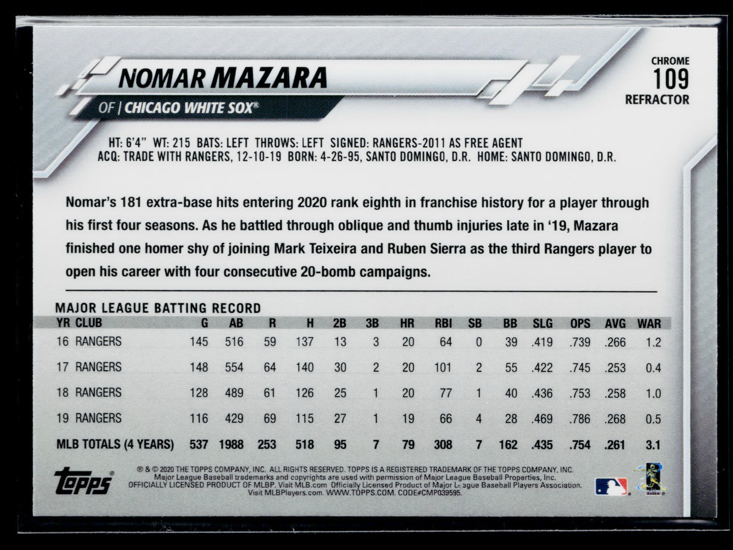 2020 Topps Chrome Nomar Mazara Pink Refractor #109