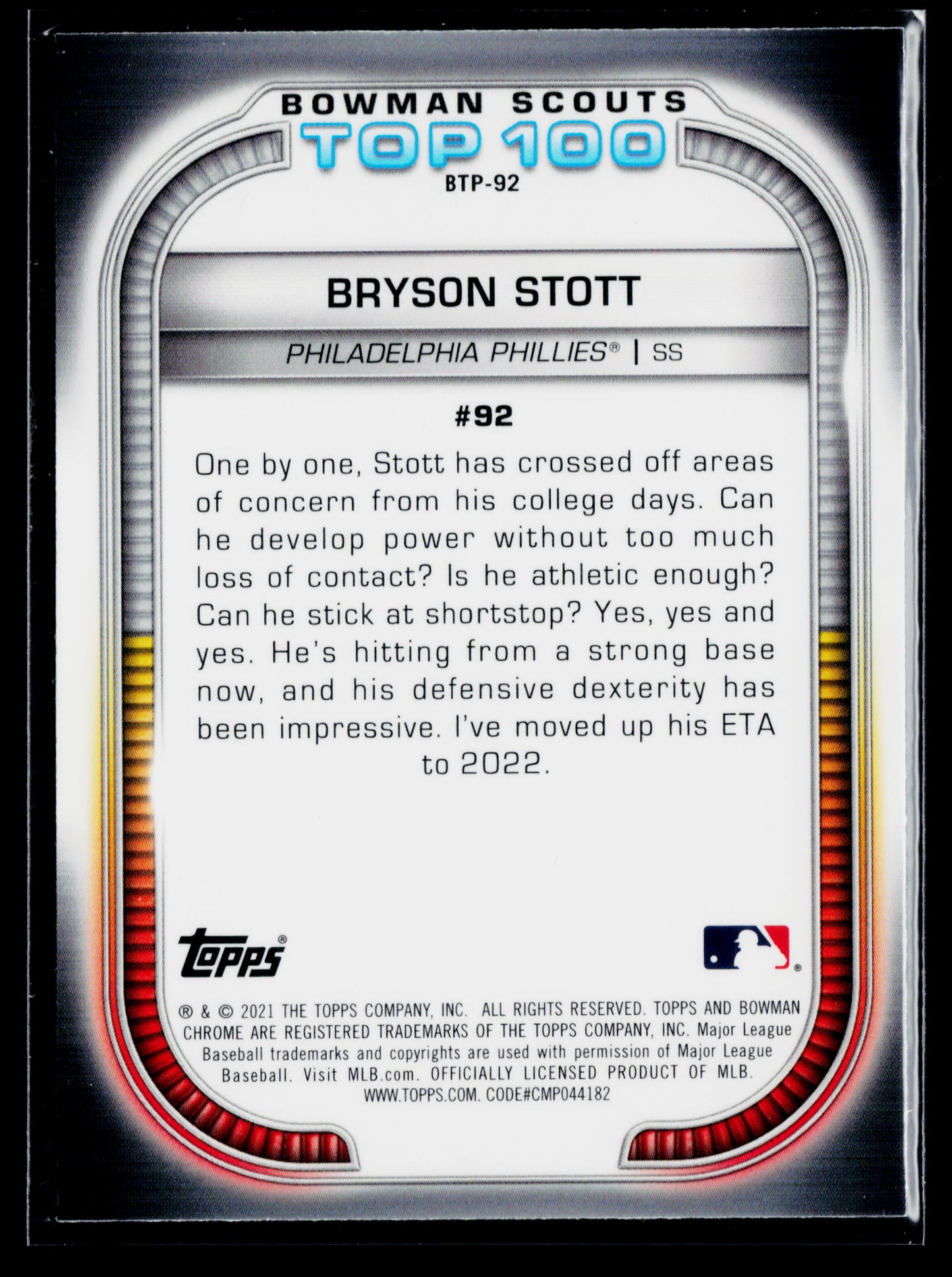 2021 Bowman Bryson Stott Chrome Bowman Scouts Top 100 #BTP-92