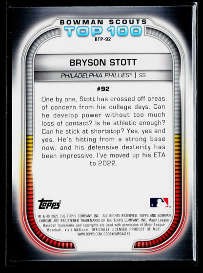 2021 Bowman Bryson Stott Chrome Bowman Scouts Top 100 #BTP-92