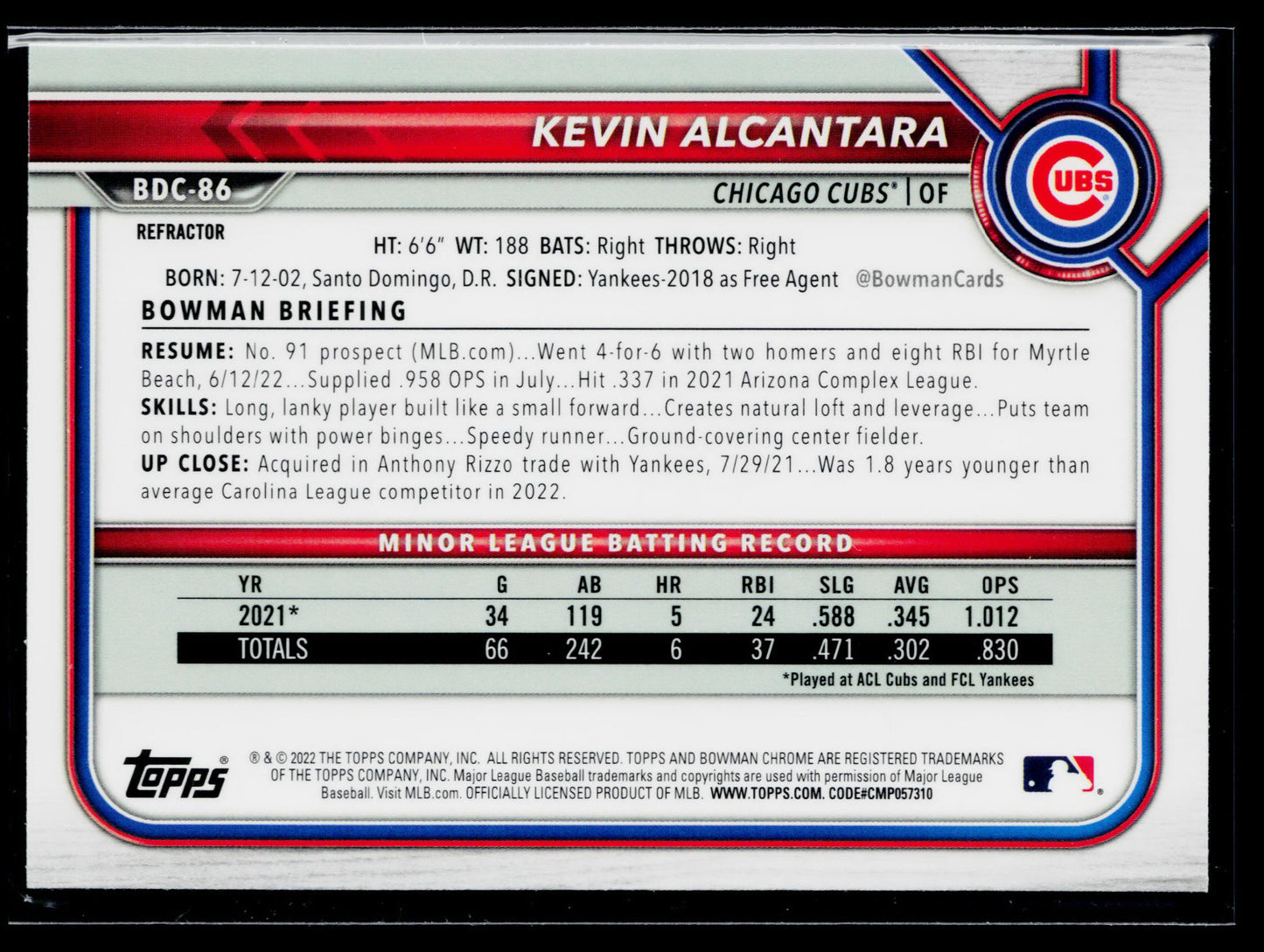 2022 Bowman Draft Kevin Alcantara Chrome Refractor #BDC-86