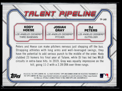 2021 Bowman Josiah Gray / Kody Hoese / DJ Peters Chrome Talent Pipeline #TP-LAD