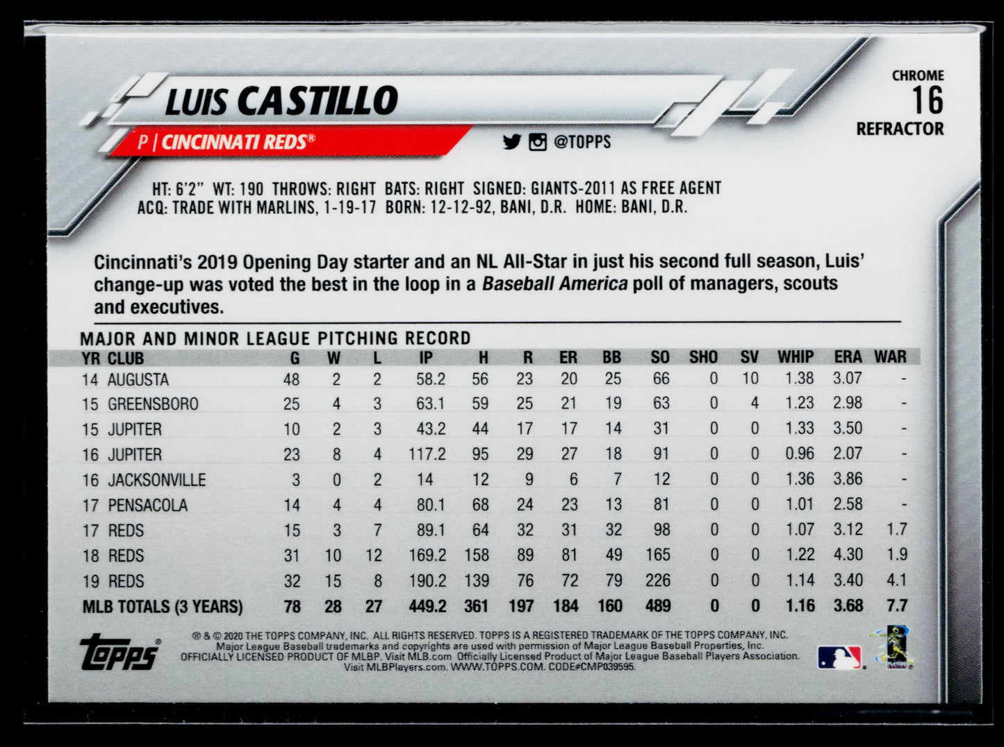 2020 Topps Chrome Luis Castillo Refractor #16