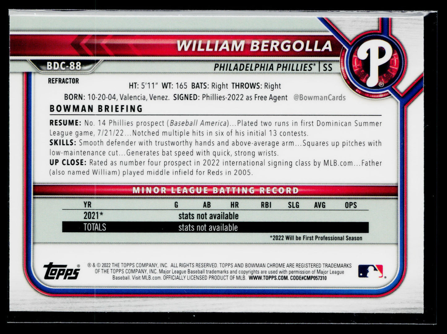 2022 Bowman Draft William Bergolla Chrome Refractor #BDC-88