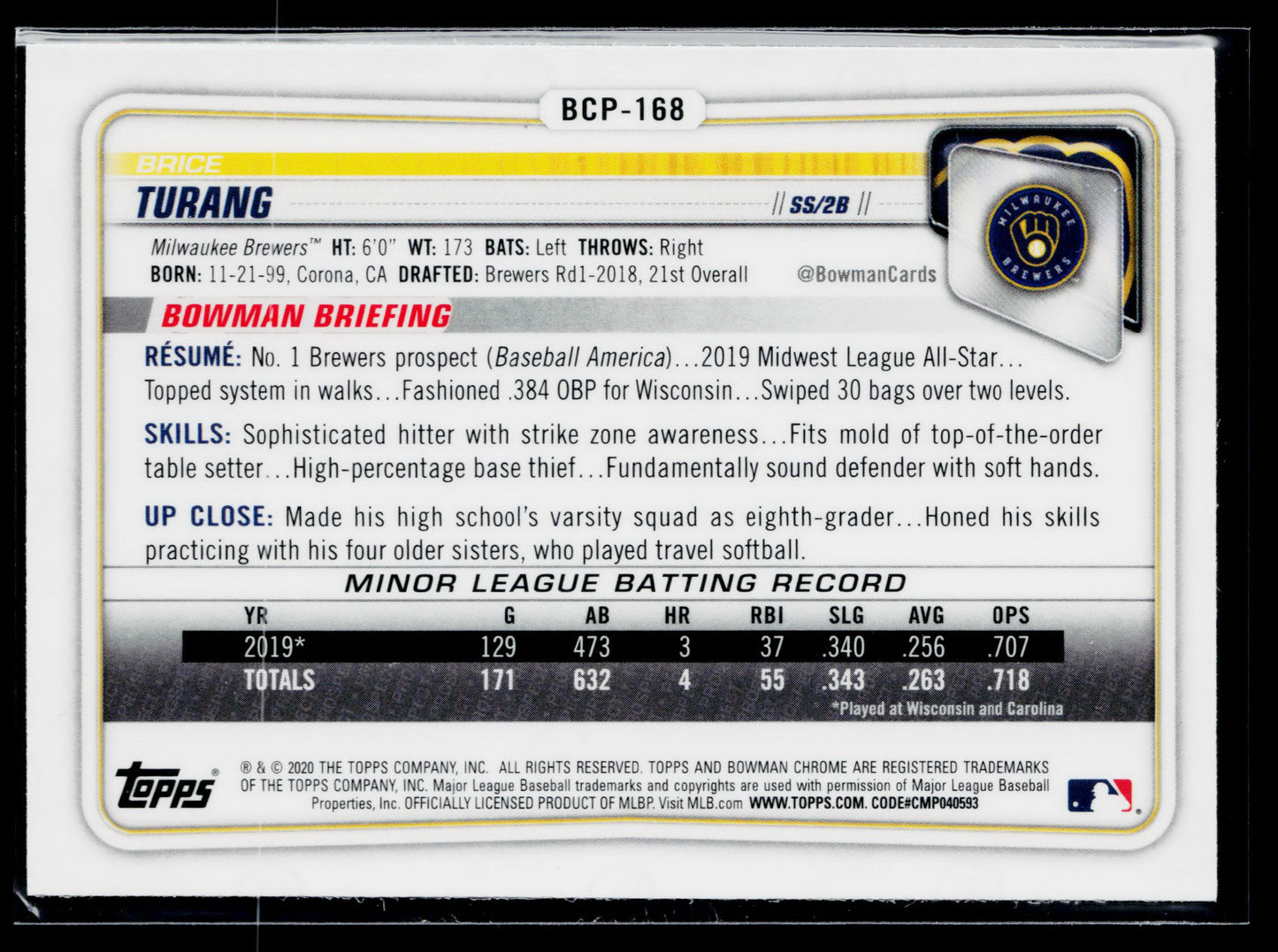 2020 Bowman Chrome Brice Turang Prospects Mojo Refractor #BCP-168