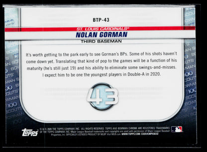 2020 Bowman Nolan Gorman Chrome Bowman Scouts Top 100 #BTP-43