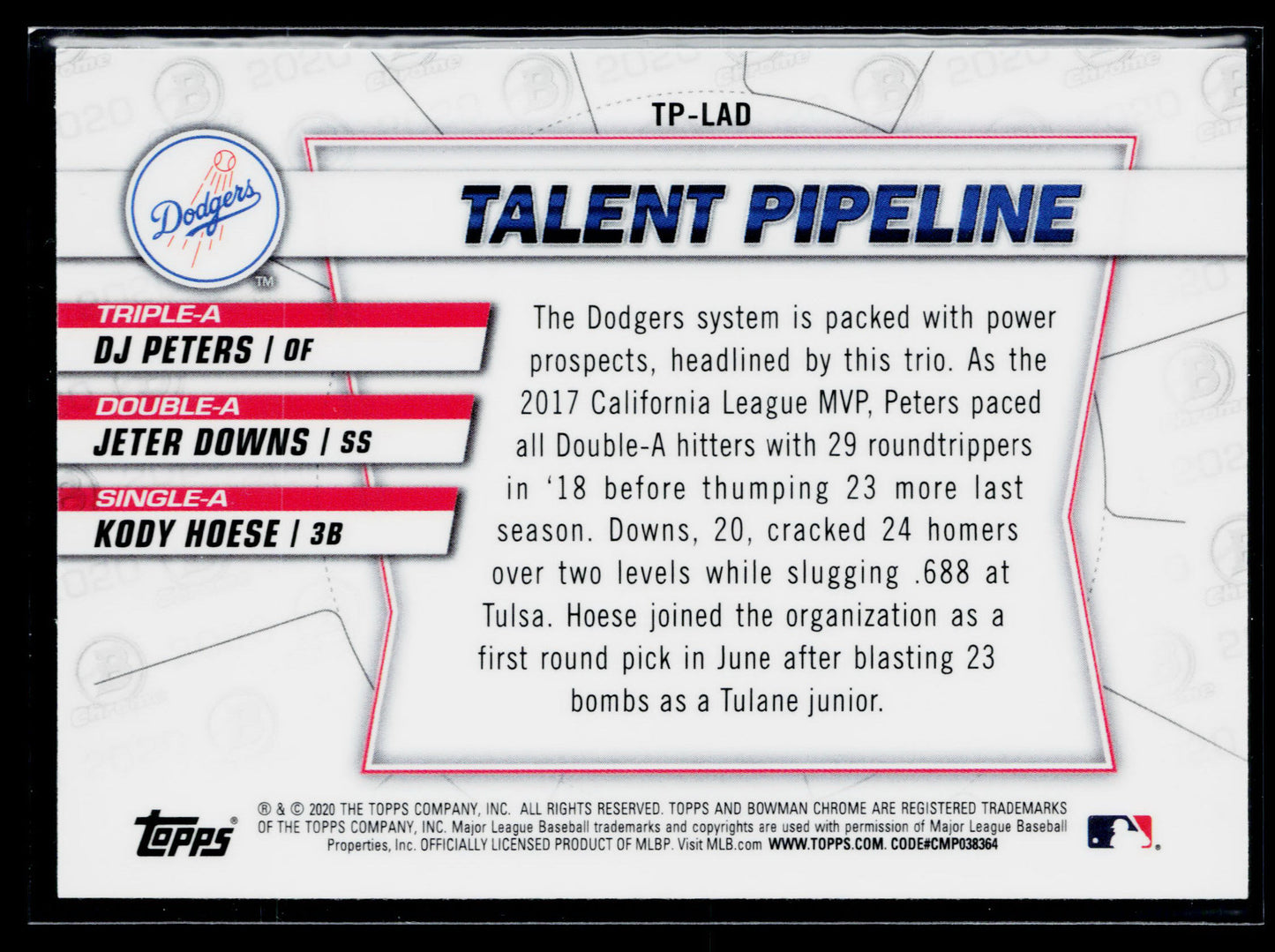 2020 Bowman DJ Peters / Jeter Downs / Kody Hoese Chrome Talent Pipeline #TP-LAD